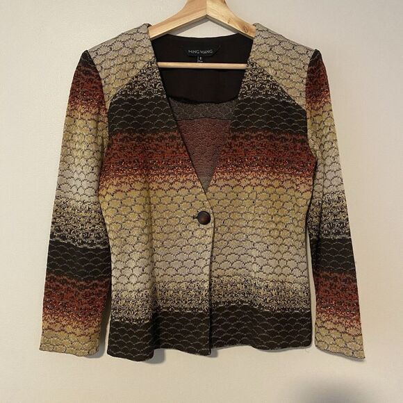 Ming Wang Small Brown Striped Knit Jacket Button Front Office Neutral - Picture 1 of 15
